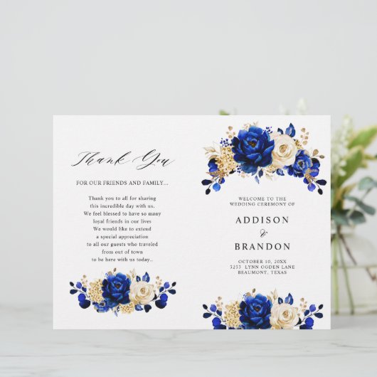 Royal Blue Yellow Gold Floral Wedding Programme (Debout devant)