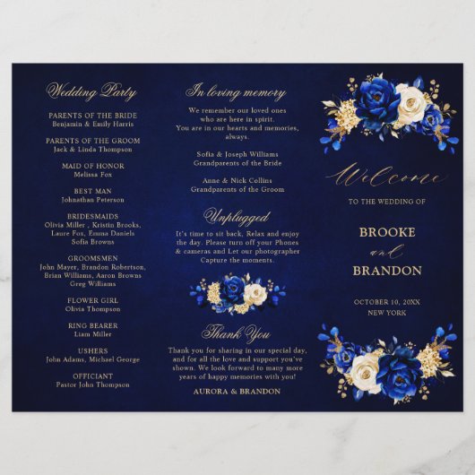 Royal Blue Yellow Gold Floral Wedding Programme (Devant)