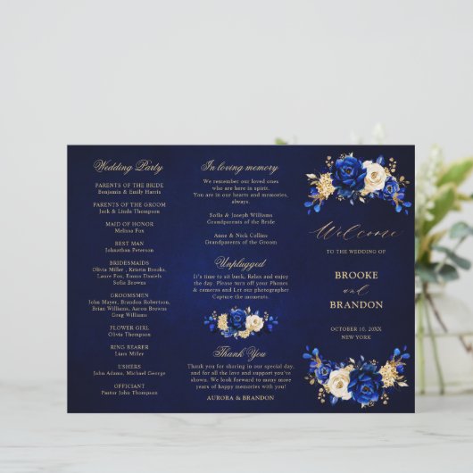 Royal Blue Yellow Gold Floral Wedding Programme (Debout devant)