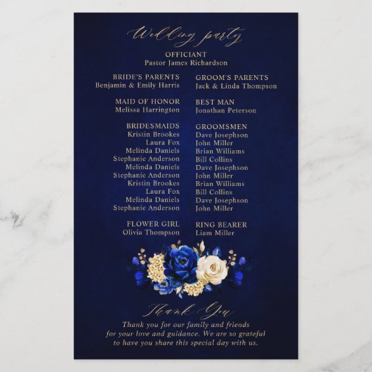 Royal Blue Yellow Gold Floral Wedding Programme (Dos)