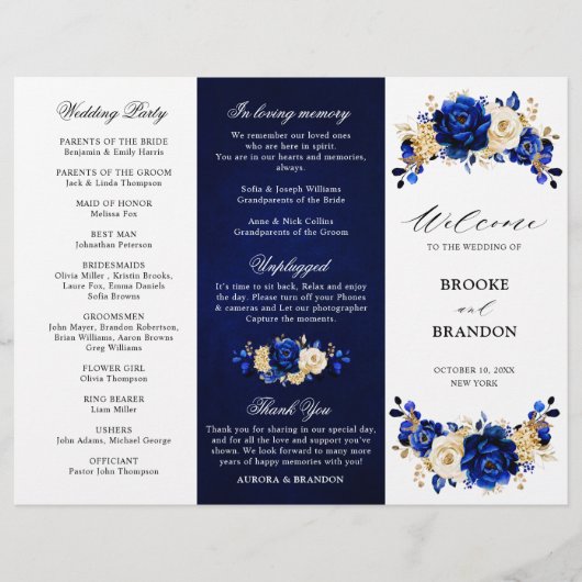 Royal Blue Yellow Gold Floral Wedding Programme (Devant)
