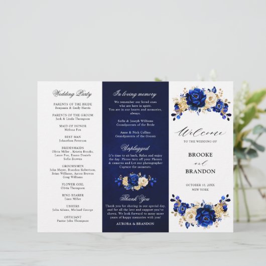 Royal Blue Yellow Gold Floral Wedding Programme (Debout devant)