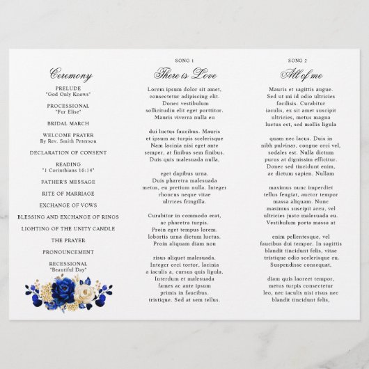Royal Blue Yellow Gold Floral Wedding Programme (Dos)