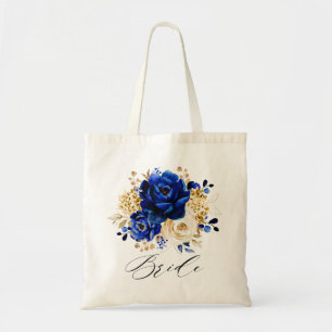 Royal Blue Yellow Gold Metallic Floral Bride Tote Bag