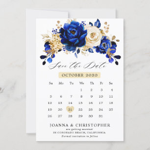 Royal Blue Yellow Gold Metallic Floral kalender Save The Date
