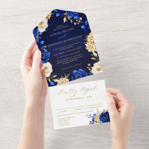 Royal Blue Yellow Gold Metallic Floral Wedding All In One Uitnodiging