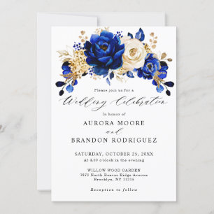 Royal Blue Yellow Gold Metallic Floral Wedding Kaart