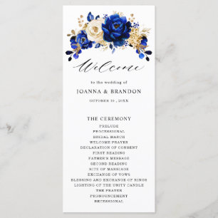 Royal Blue Yellow Gold Metallic Floral Wedding Programma