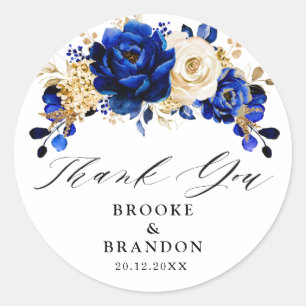 Royal Blue Yellow Gold Metallic Floral Wedding Ronde Sticker