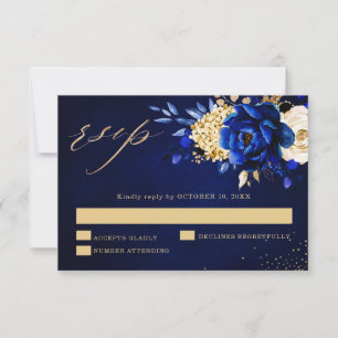 Royal Blue Yellow Gold Metallic Floral Wedding RSV RSVP Kaartje