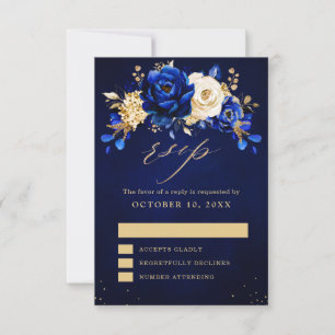 Royal Blue Yellow Gold Metallic Floral Wedding RSV RSVP Kaartje