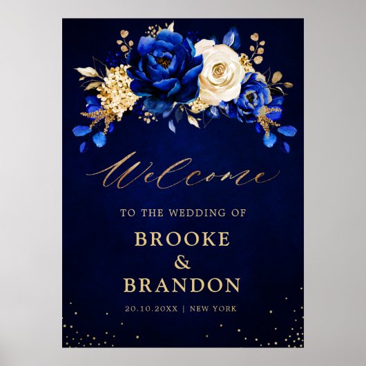 Royal Blue Yellow Gold Metallic Weddenschap Welkom Poster (Voorkant)