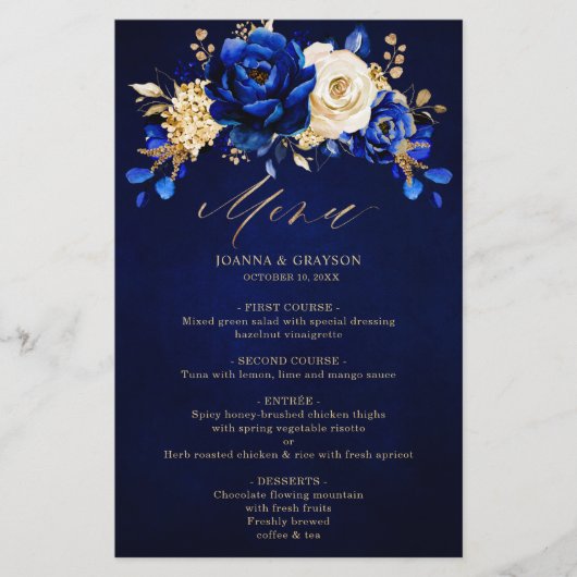 Royal Blue Yellow Gold Metallic Wedding Menu (Voorkant)