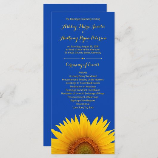 Royal Blue Yellow Sunflower Programme de mariage (Devant / Derrière)