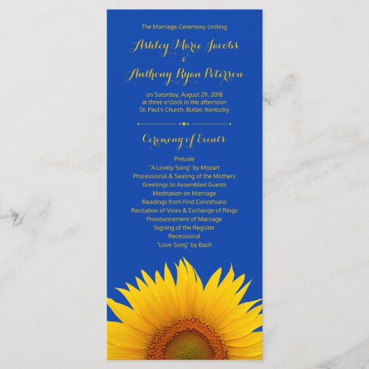 Royal Blue Yellow Sunflower Programme de mariage (Devant)