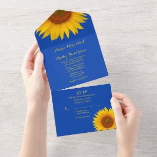 Royal Blue Yellow Sunflower Wedding RSVP All In One Uitnodiging