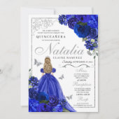Royal Blue Zilver Prinses Vlinders Quinceañera Kaart (Voorkant)