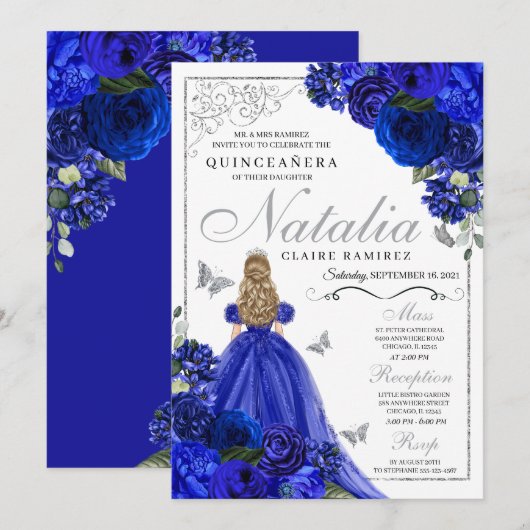 Royal Blue Zilver Prinses Vlinders Quinceañera Kaart (Voorkant / Achterkant)