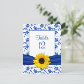 Royal Blue Zonnebloem Damast Trouwtafel Kaart (Staand voorkant)
