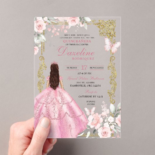 Royal Blush Pink Princess Quinceañera Acryl Uitnodigingen (Insitu (Draagbaar))