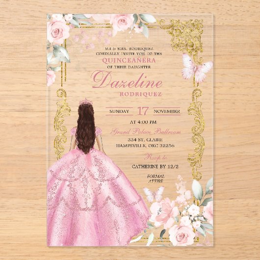Royal Blush Pink Princess Quinceañera Acryl Uitnodigingen (Voorkant)