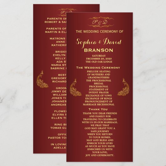 Royal Bourgogne Gold Peacock Programme de mariage  (Devant / Derrière)