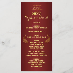 Royal Burgundy Gold Peacock Weddenschap Menu Custo