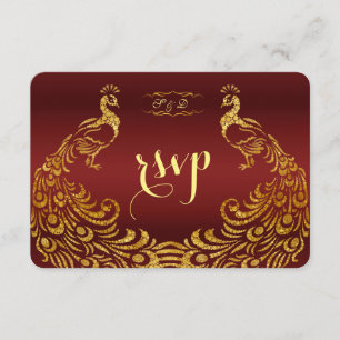 Royal Burgundy Gold Peacock Wedding RSVP Kaartje