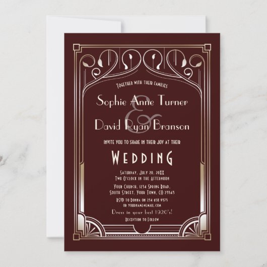 Royal Burgundy Great Gatsby Gold Art Deco Wedding Kaart (Voorkant)