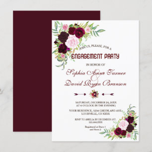 Royal Burgundy Marsala Floral Engagement Party Kaart