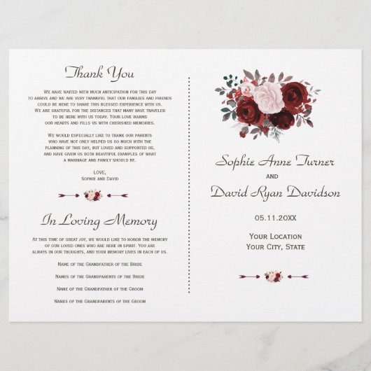 Royal Burgundy Pink Floral Gold Wedding Programme (Devant)