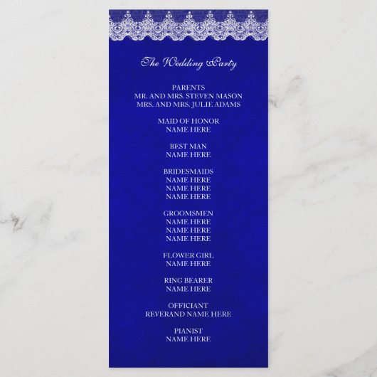 Royal Cobalt Blue White Lace Wedding Programme de  (Dos)