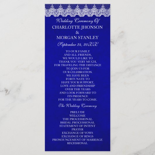 Royal Cobalt Blue White Lace Wedding Programme de  (Devant)