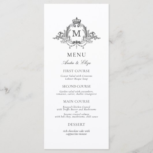 Royal Crest Elegante krans Monogram bruiloft Menu (Voorkant)