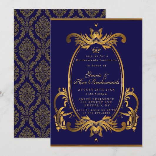 Royal Crown Blue Gold Bridesmaids Invitations de d (Devant / Derrière)