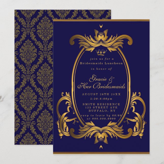 Royal Crown Blue Gold Bridesmaids Luncheon Invites (Voorkant / Achterkant)