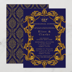 Royal Crown Blue Gold Flourish Rehearsal Dinner Kaart