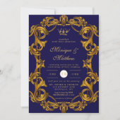 Royal Crown Blue Gold Flourishes Wedding Kaart (Voorkant)
