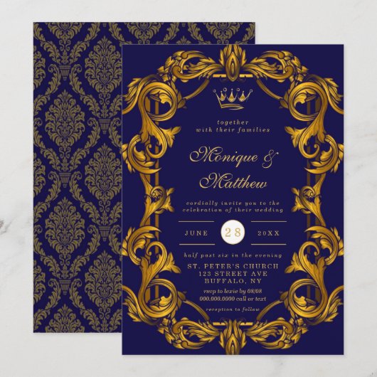 Royal Crown Blue Gold Flourishes Wedding Kaart (Voorkant / Achterkant)