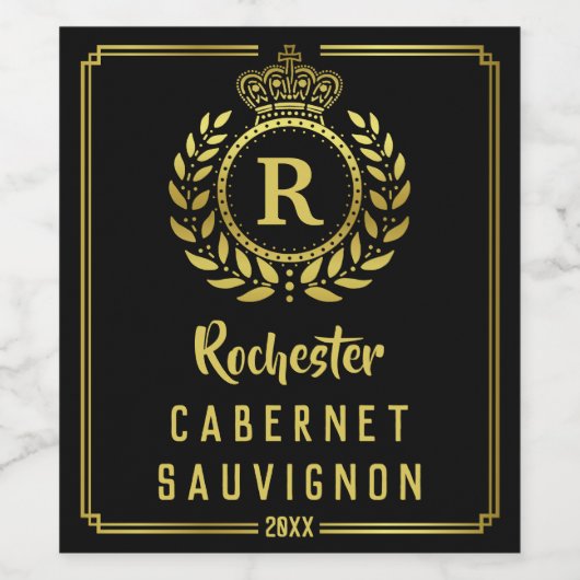 Royal Crown Laurel krans Goud Zwart Deco Monogram Wijn Etiket (Enkel label)