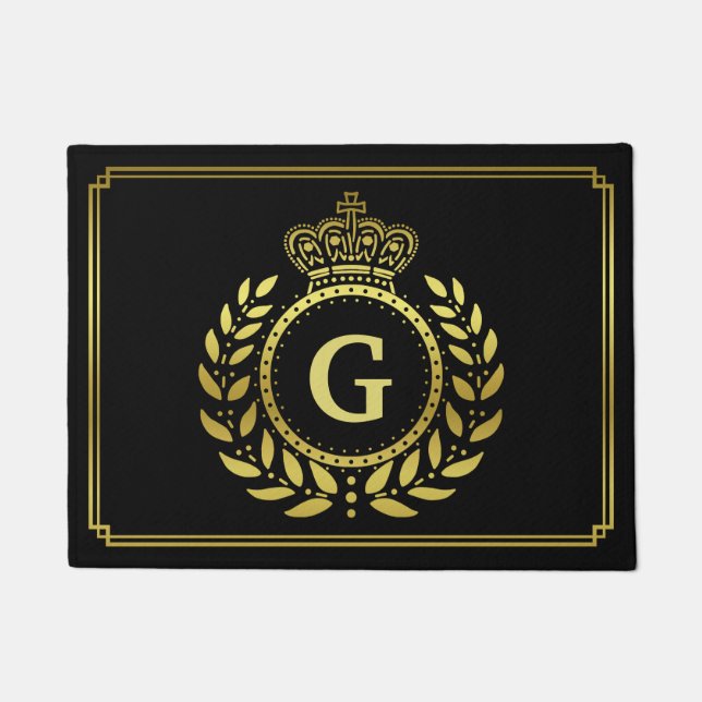 Royal Crown Laurel Wreath Black Gold Monogramed Deurmat (Voorkant)