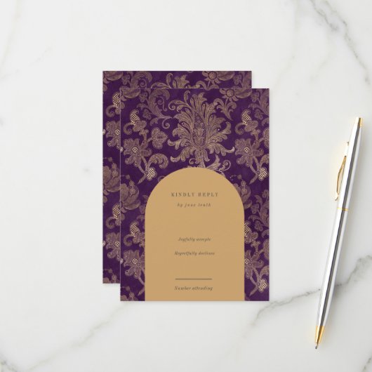 Royal Damask Elegant Purple Carte RSVP (Devant/Arrière en situation)