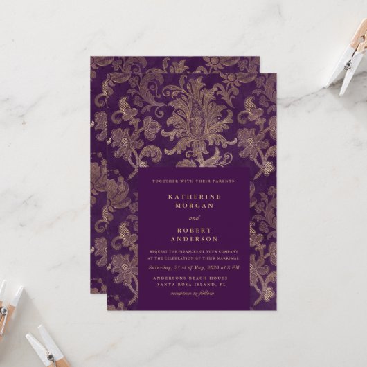 Royal Damask Elegant Purple Faire-part de mariage (Devant/Arrière en situation)