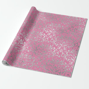 Royal Damask Roze Zilver Bloemen Glanzende Vip Cadeaupapier
