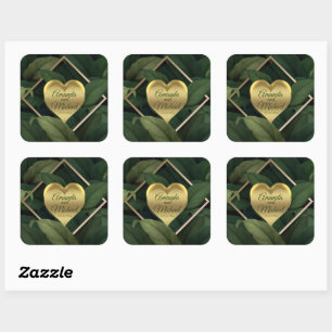 Royal Dark Green Leaves Gold Lijst Wedding Vierkante Sticker