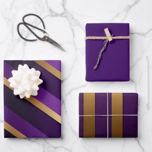 Royal Deep Paarse en Gold Striped Inpakpapier Vel