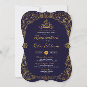 Royal Elegant Gold Navy Blue Fairytale Quinceanera Kaart
