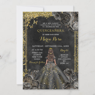 Royal Elegant Goud en Zwart Roos Quinceañera Kaart