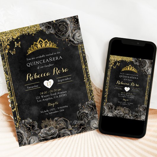 Royal Elegant Goud en Zwart Roos Quinceañera Kaart