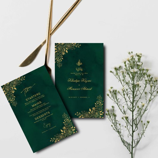 Royal Emerald Green Gold Florals Menu Mariage isla